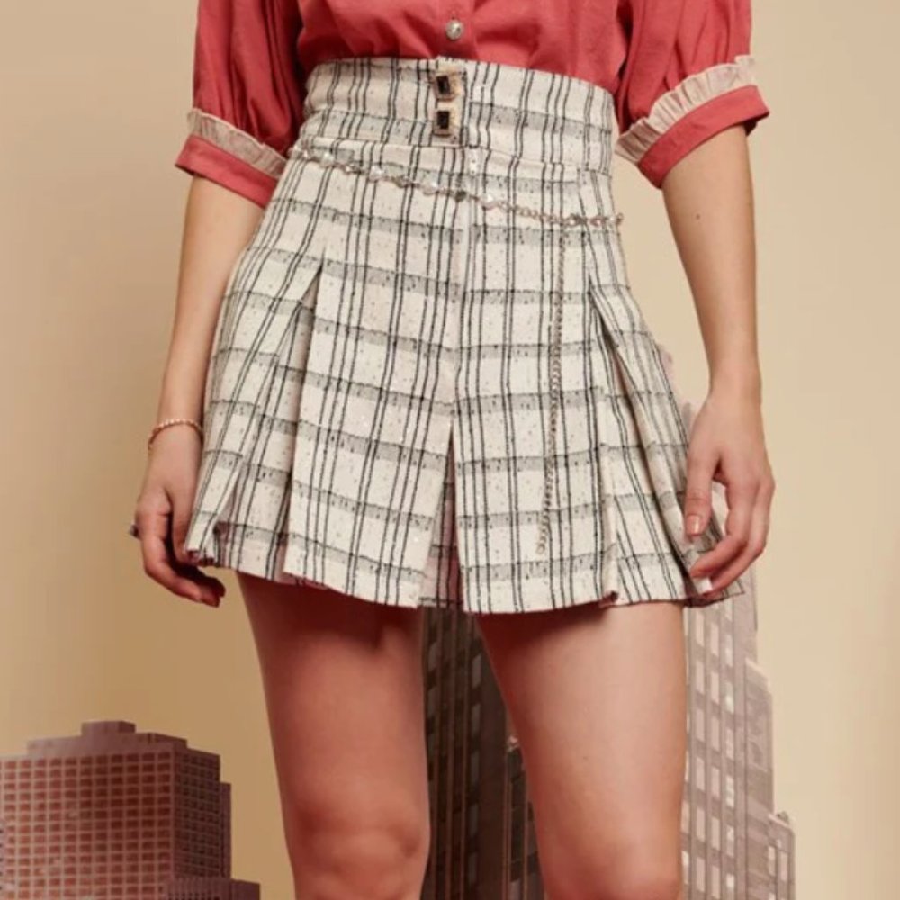 Sister Jane Tweed Pleated Skirt with Chain Belt (US 8)